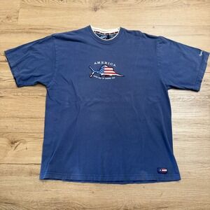 Vintage Spirit of America USA Sailfish Embroidered T Shirt Mens Large Blue